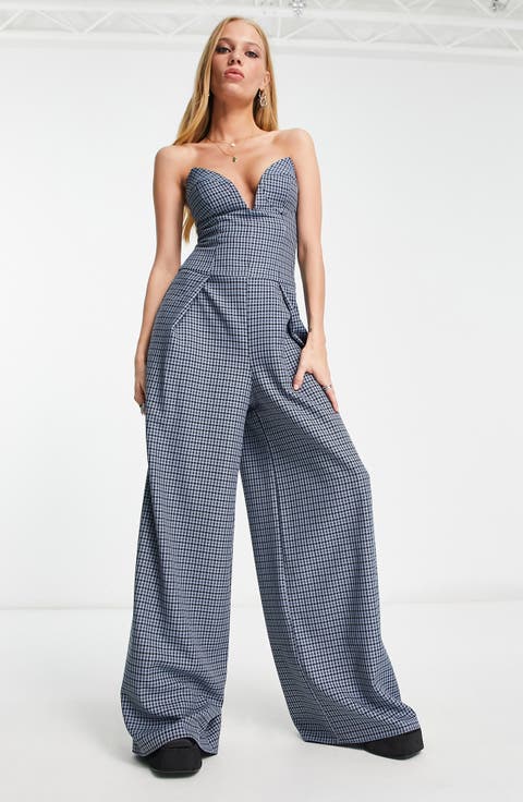 Houndstooth Wide Leg Strapless Jumpsuit