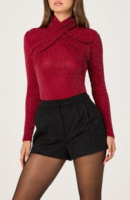 ASTR the Label Embellished Shimmer Crossover Mock Neck Top