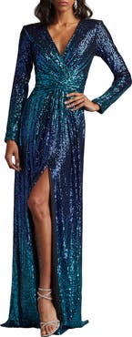 Tadashi Shoji Ombré Sequin Long Sleeve Gown