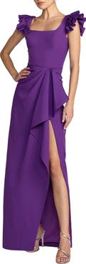 Mac Duggal Crepe Column Square Neck Gown With Ruffle Detail