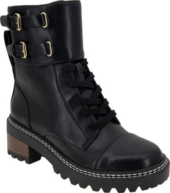 BCBG generation Kayte Black Combat discount boots with chain silver tone accent Size 8M s