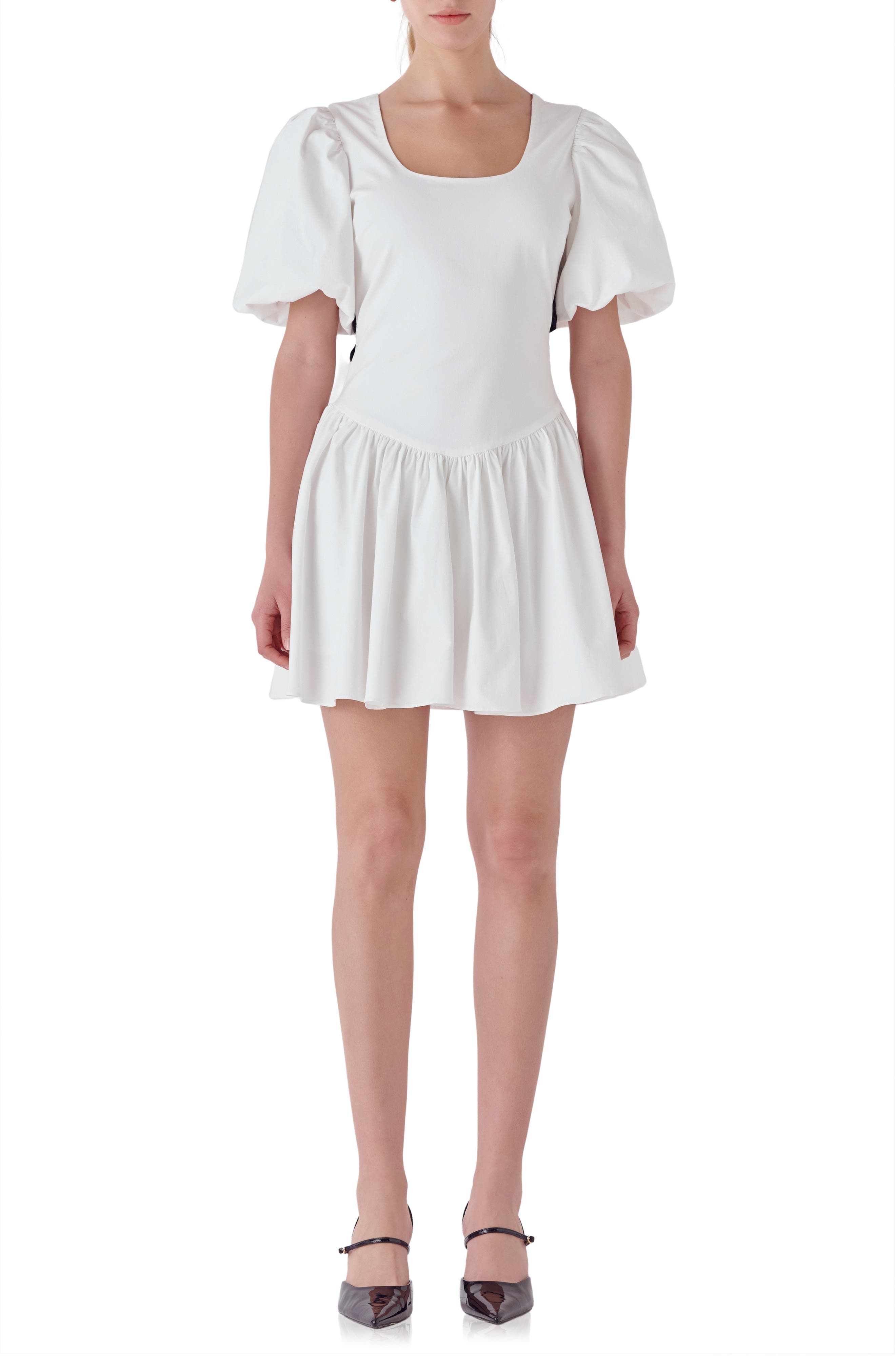 Contrast Bow Puff Sleeve Minidress