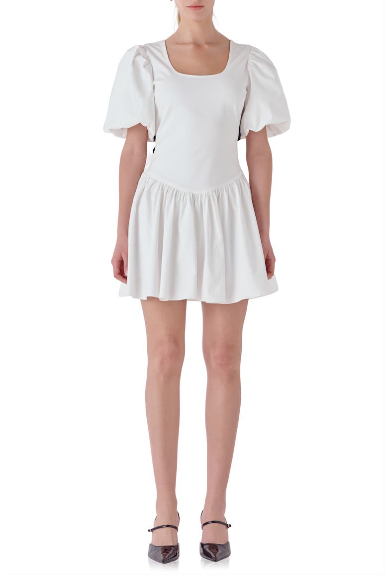 Contrast Bow Puff Sleeve Minidress, Main, color, WHITE/ BLACK