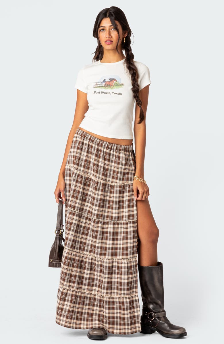 EDIKTED Plaid Tiered Side Slit Maxi Skirt, Alternate, color, Brown