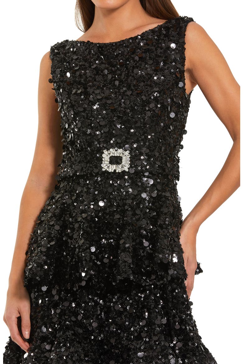 Sleeveless Sequin Ruffle Midi Dress With Belt, Alternate, color, Black