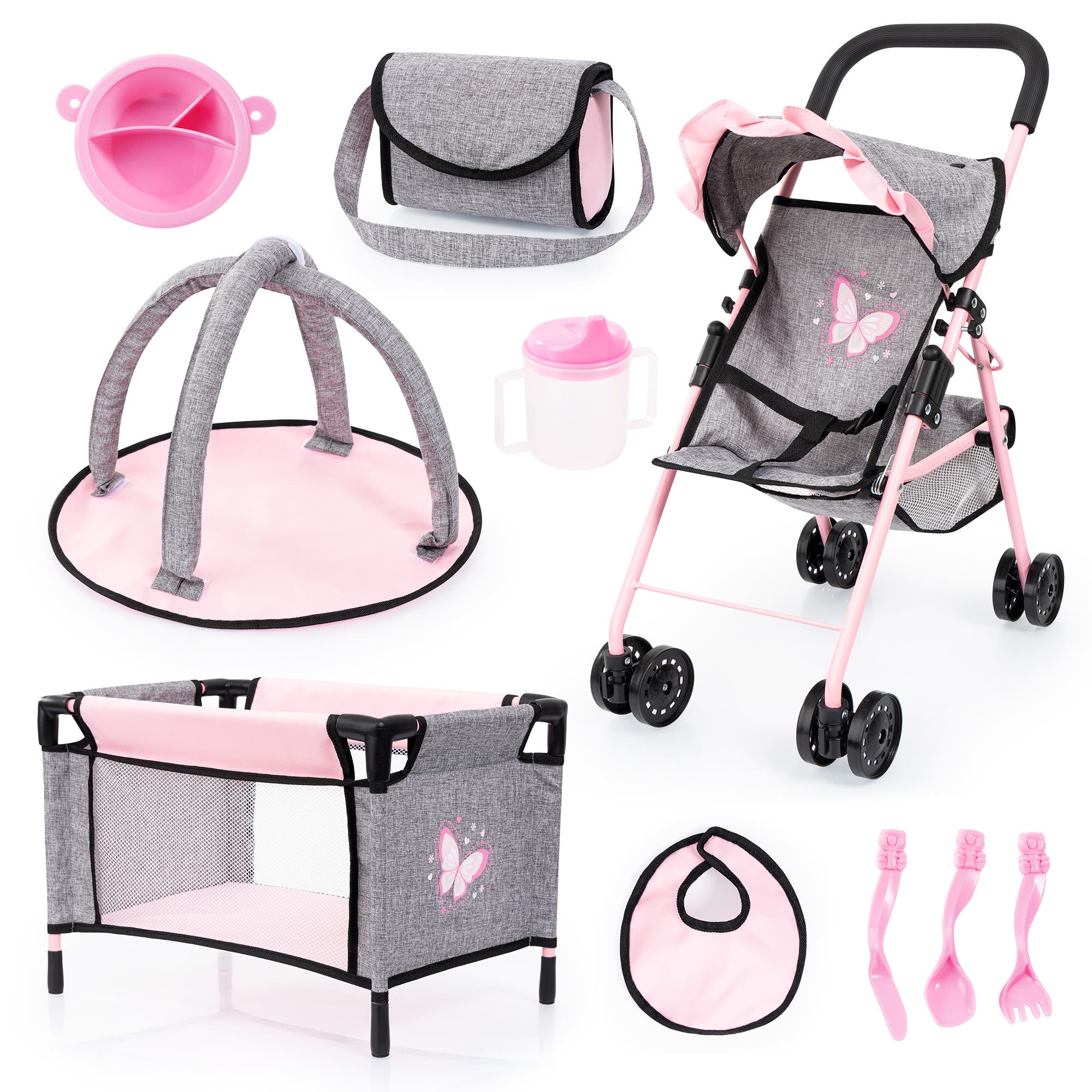 Bayer Design Buggy 10 Piece Set, Bed & Accessories Set for Dolls Up to 18 Inches, Ages 3+ in Multicolored 