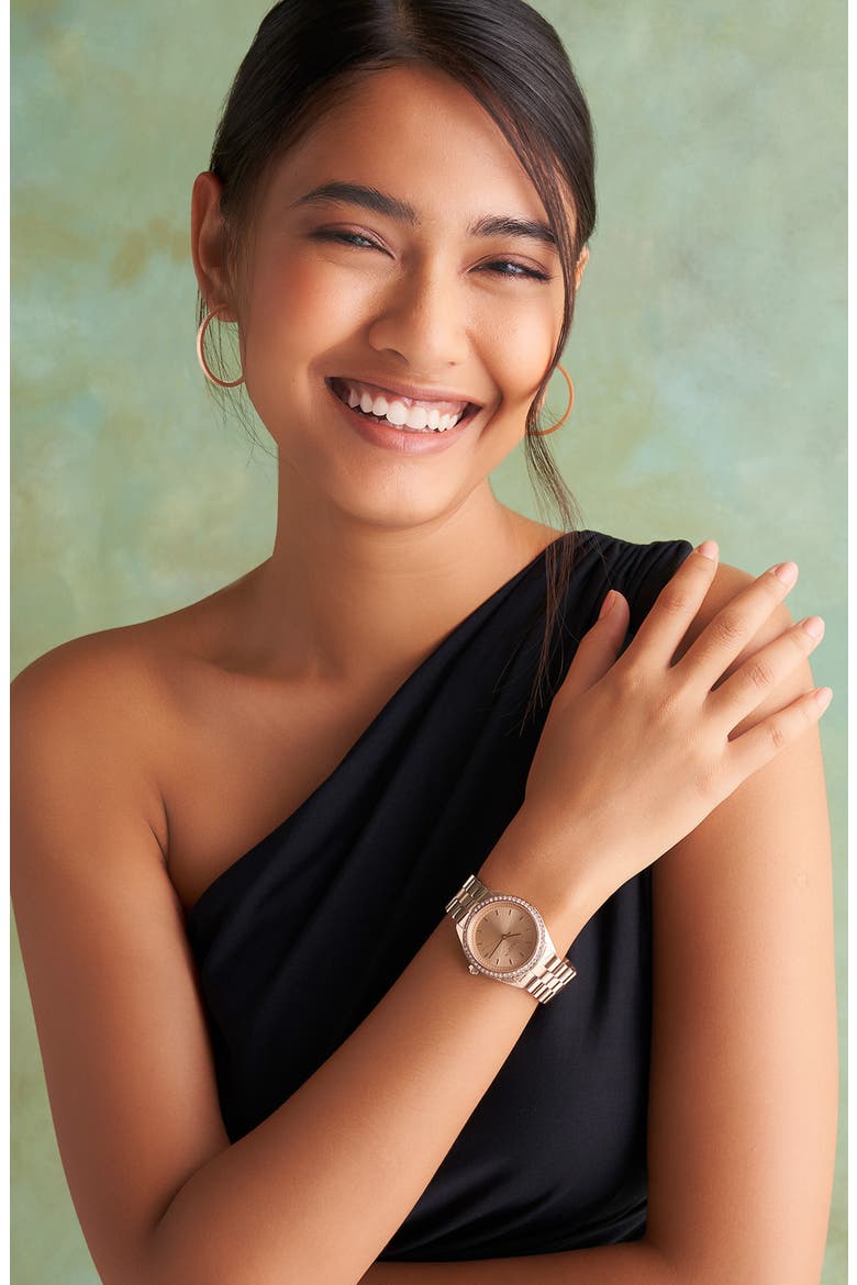 Bejewelled Bracelet Watch, 34mm, Alternate, color, ROSE GOLD