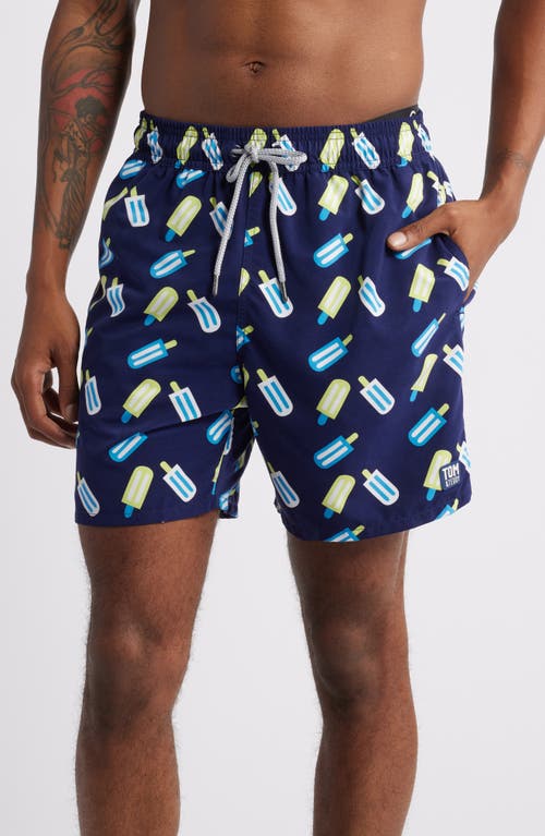 Tom & Teddy Lollies Print Performance Swim Trunks in Blue & Lime 