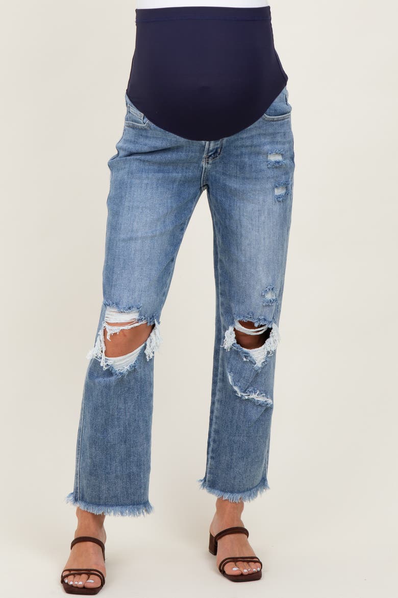 Ripped Knee Fringe Hem Straight Leg Maternity Ankle Jeans, Alternate, color, Blue