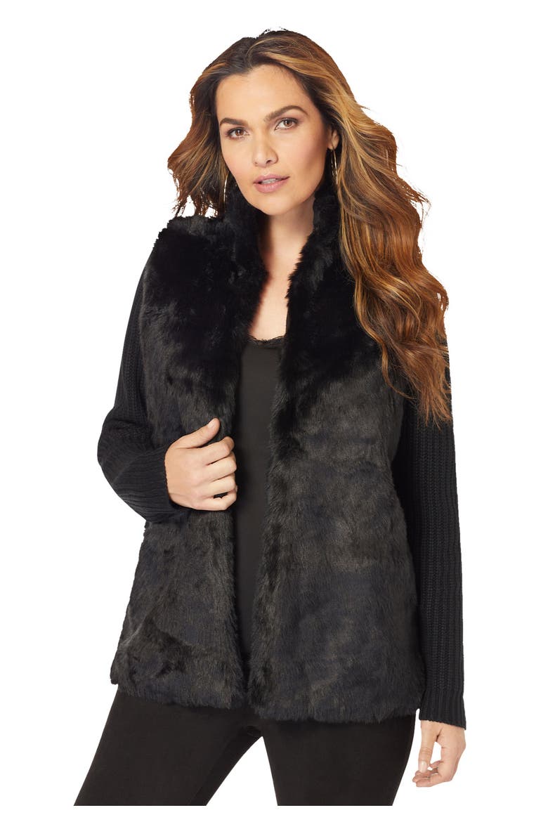 Faux Fur Cardigan Sweater, Main, color, BLACK