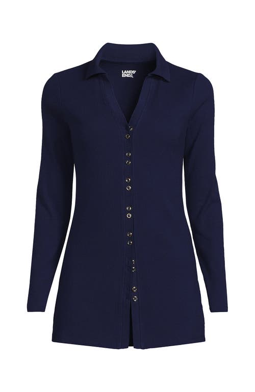 Lands' End Long Sleeve Polished Rib Button Through Tunic Shirt In Blue