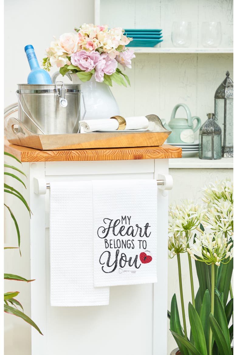 "Heart Belongs To You" Embroidered 100% Cotton Waffle Weave Valentine's Day Dishtowel, Alternate, color, White