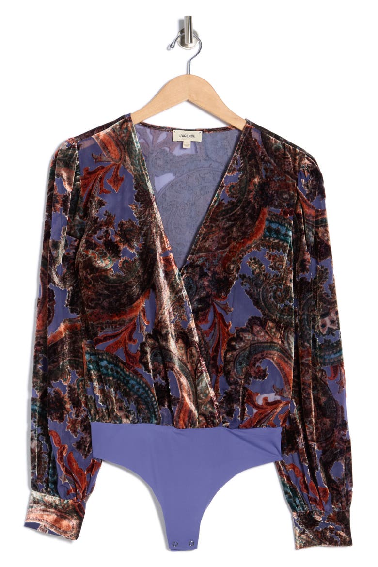 Burnout Velvet Long Sleeve Bodysuit, Alternate, color, PERIWINKLE FRENCH PAISLEY