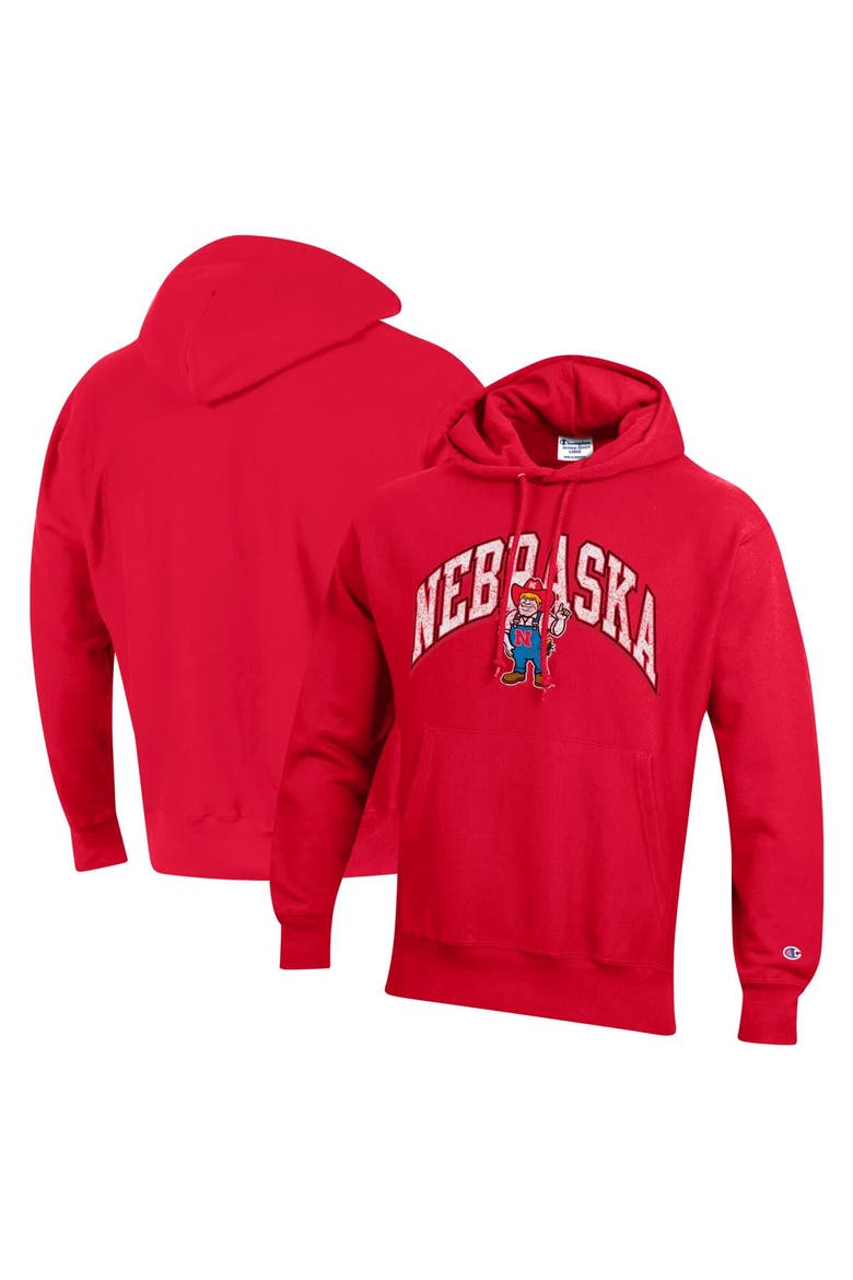 Men's Champion Scarlet Nebraska Huskers Vault Late Night Reverse Weave Pullover Hoodie, Main, color, Scarlet
