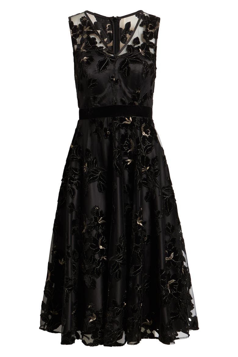 Floral Appliqué Sleeveless Party Dress, Main, color, BLACK