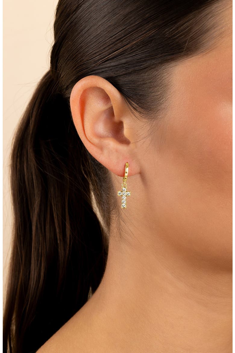 Kylar Cubic Zirconia Cross Charm Micro Hoop Earrings, Alternate, color, GOLD