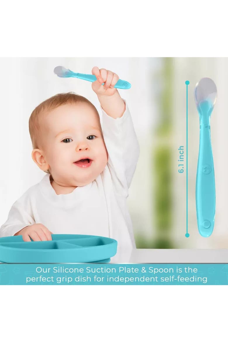 Silicone Suction Divided Plate and Spoon Toddler Training Self Feeding Set, Alternate, color, Blue