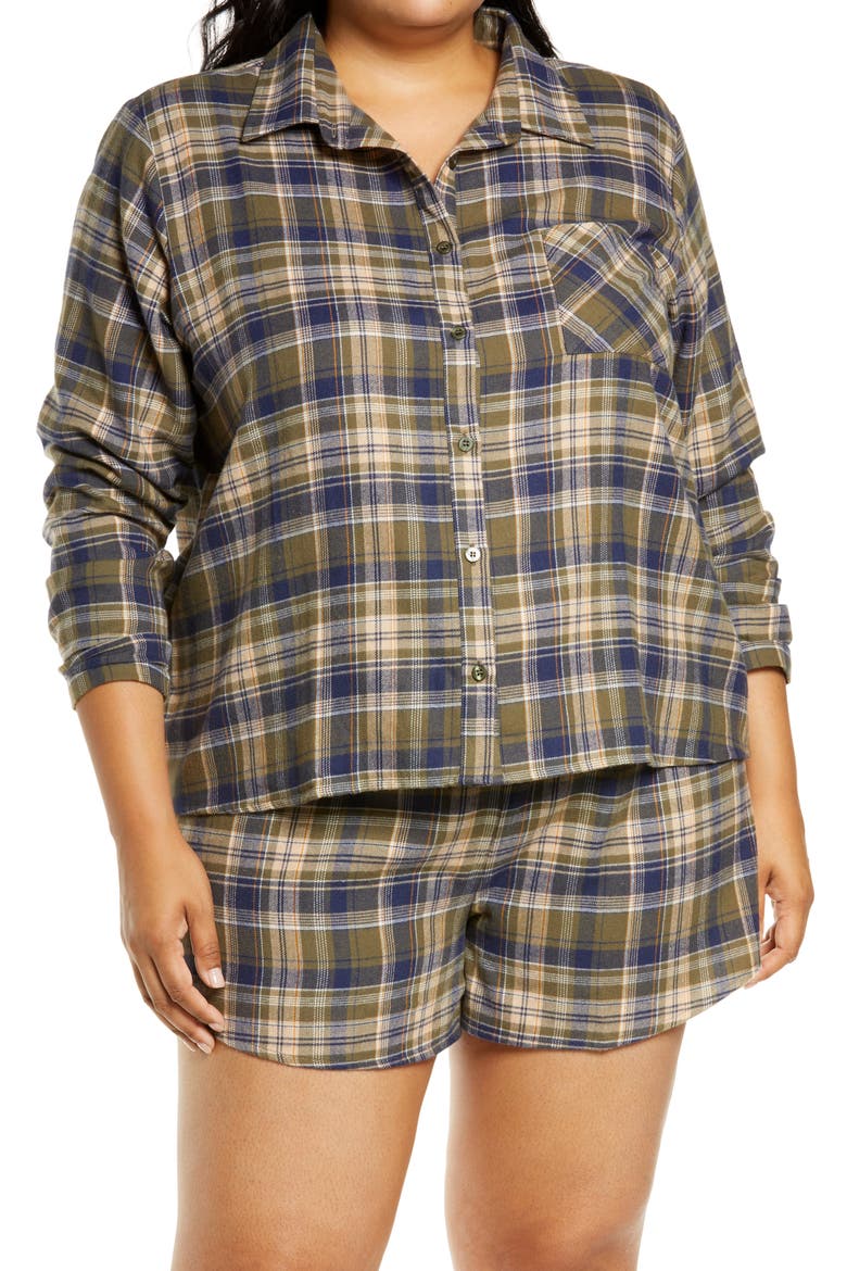 Plaid Flannel Shortie Pajamas, Main, color, OLIVE SARMA HEIDI PLAID