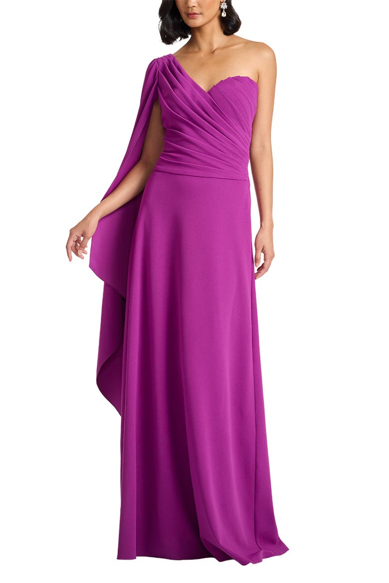 One Shoulder Cape Sleeve Crepe Gown, Alternate, color, MAGENTA