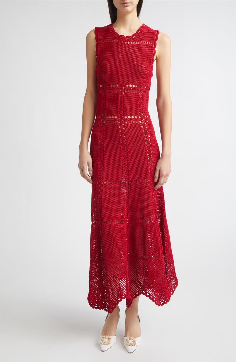 Erdem Flared Crochet Cotton Midi Dress, Main, color, Ruby Red