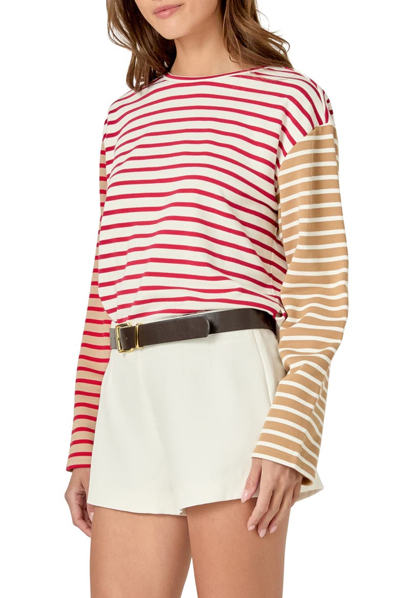 Colorblock Stripe Long Sleeve Cotton Blend Top, Alternate, color, RED MULTI