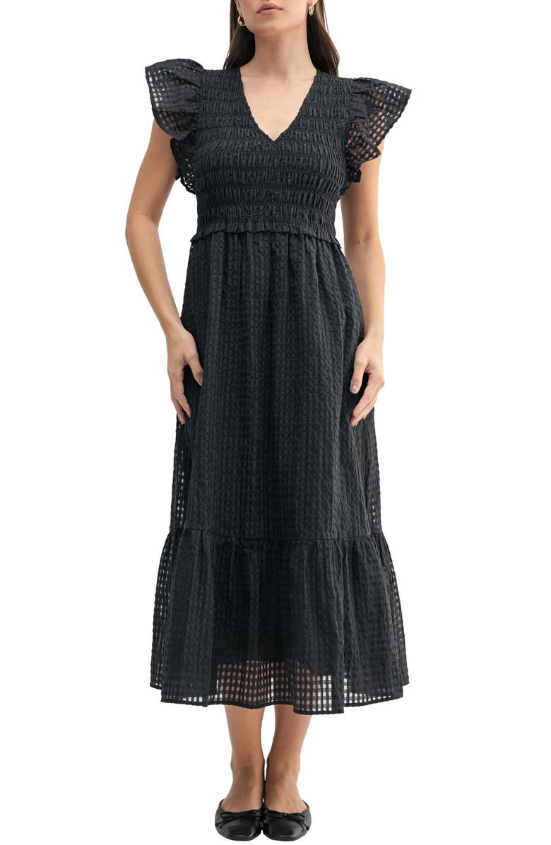 Mila Mae Ruffle Sleeve Textured Plaid Dress, Main, color, Black