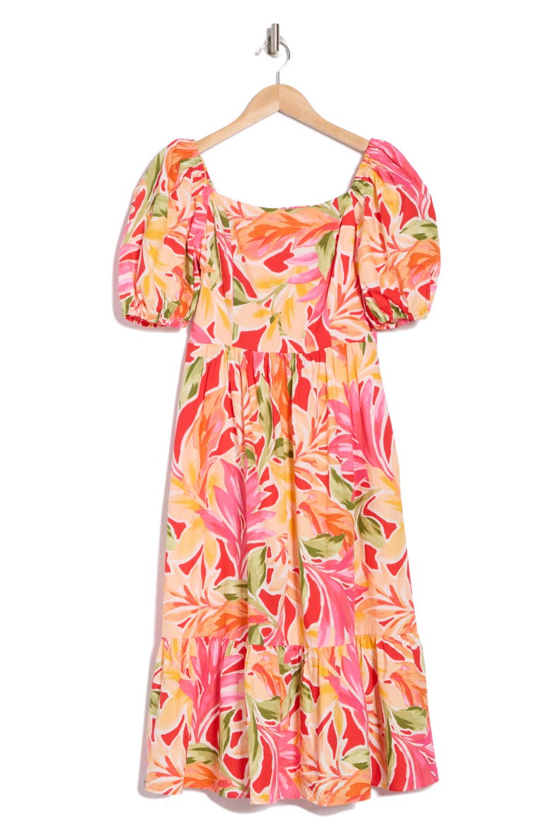 Square Neck Puff Sleeve Cotton Midi Dress, Alternate, color, PINK MULTI