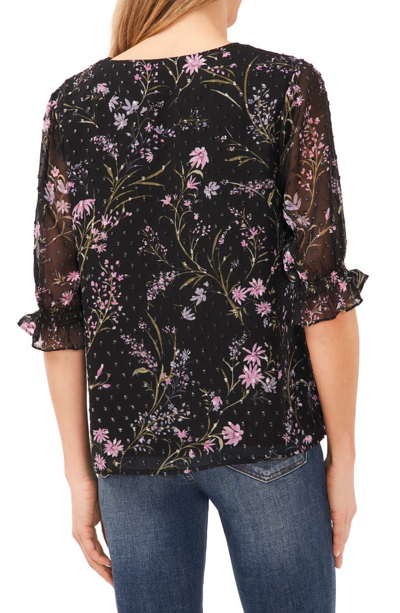 CeCe Floral Clip Dot Chiffon Top, Alternate, color, 