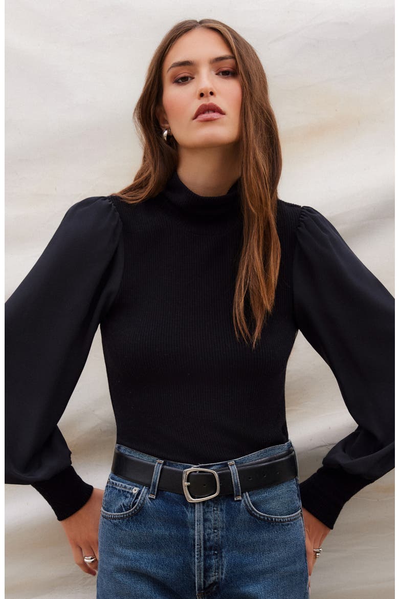 Lisette Mixed Media Turtleneck Top, Alternate, color, BLACK