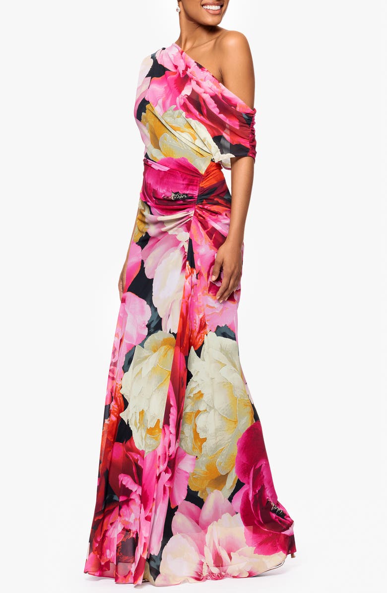 Betsy & Adam Floral One-Shoulder Gown, Alternate, color, Fuchsia/ Blush