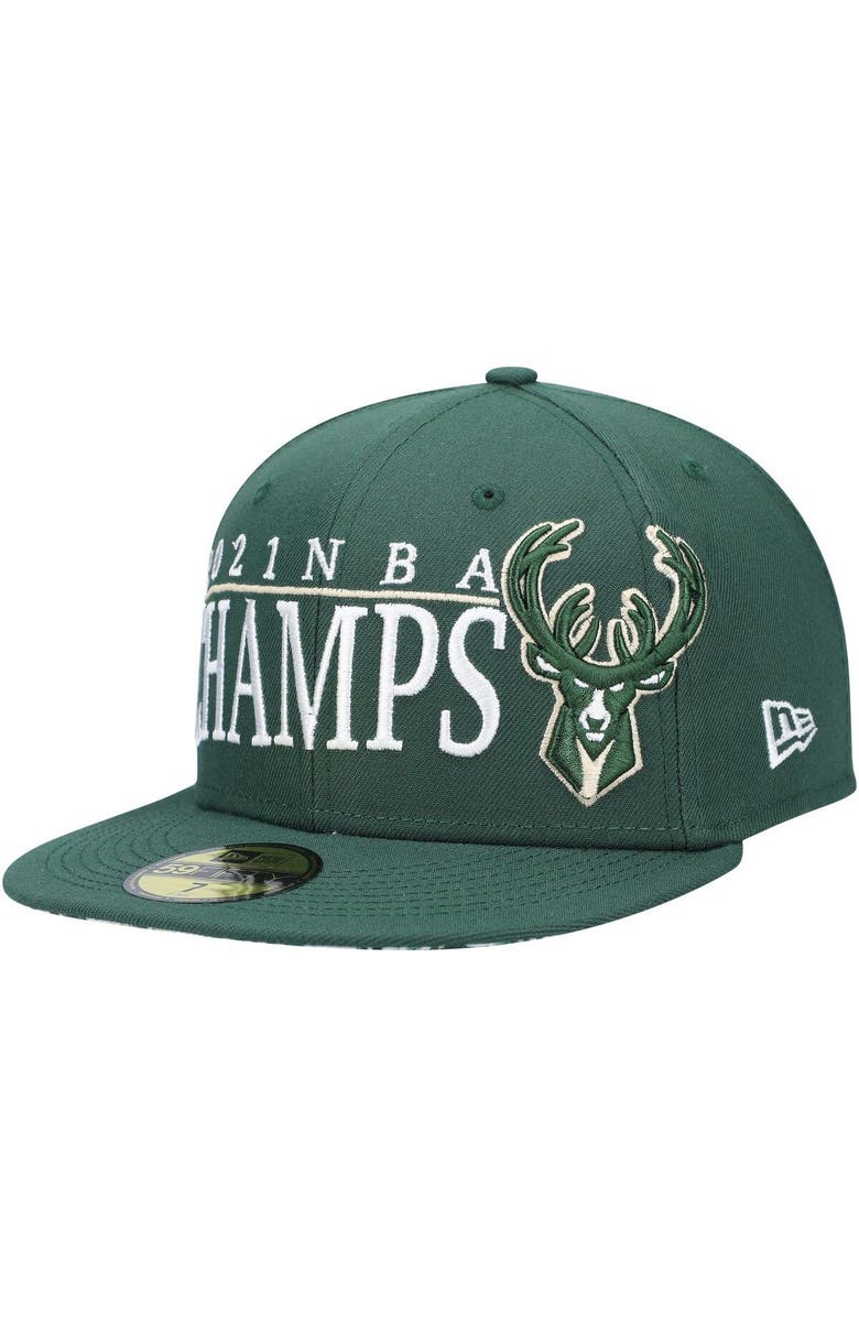 New Era Men's New Era Hunter Green Milwaukee Bucks 2021 NBA Champs Retro Pop Undervisor 59FIFTY Fitted Hat, Main, color,