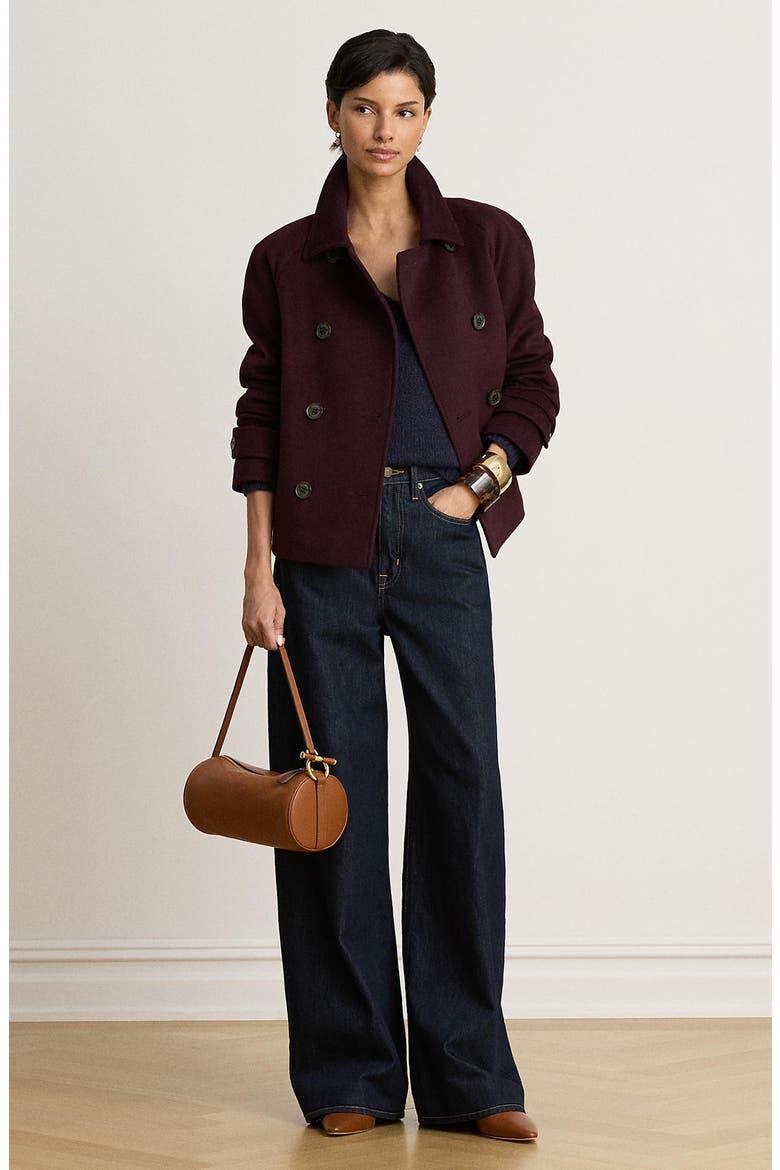 Double Breasted Cropped Wool Blend Coat, Alternate, color, PINOT NOIR