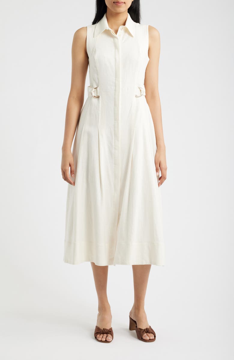 Anne Klein Sleeveless Linen Blend Midi Dress, Main, color, White Dove