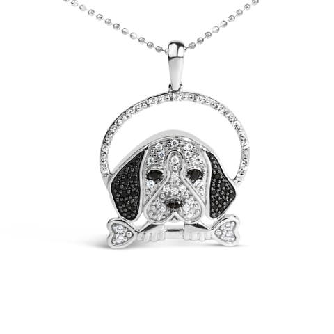 Silver 1/4 Cttw White and Black Diamond Beagle Dog and Bone Pendant Necklace