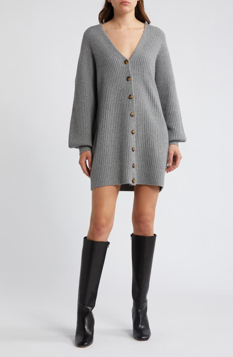 French Connection Babysoft Rib Button Front Long Sleeve Sweater Dress, Main, color, Med Grey Mel