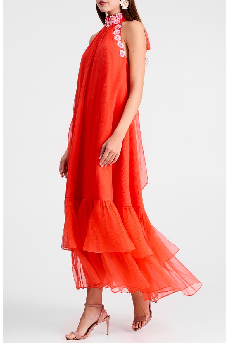 Romy Floral Appliqué Tiered Crinkle Chiffon Halter Dress, Alternate, color, PERSIMMON