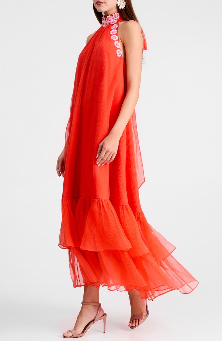 HELSI Romy Floral Appliqué Tiered Crinkle Chiffon Halter Dress, Alternate, color, Persimmon