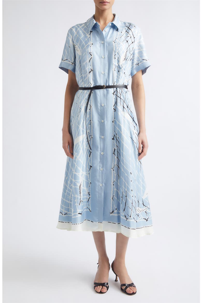 Kiera Fishnet Print Belted Silk Shirtdress, Main, color, VAPOR FISHNET
