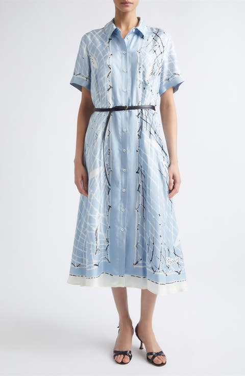 Kiera Fishnet Print Belted Silk Shirtdress