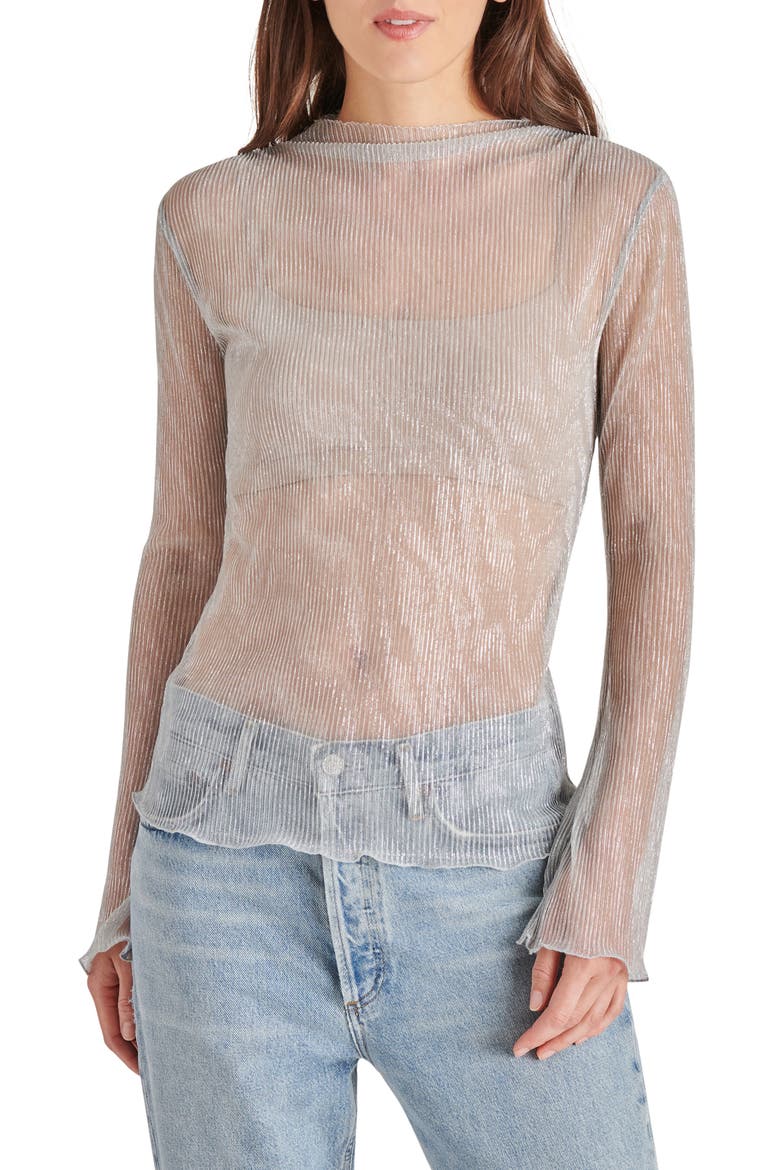 Janelle Sheer Metallic Plissé Top, Main, color, SILVER