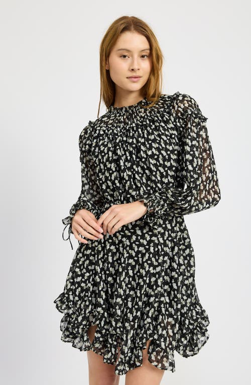 En Saison Genevieve Long Sleeve Chiffon Minidress In Black Gold