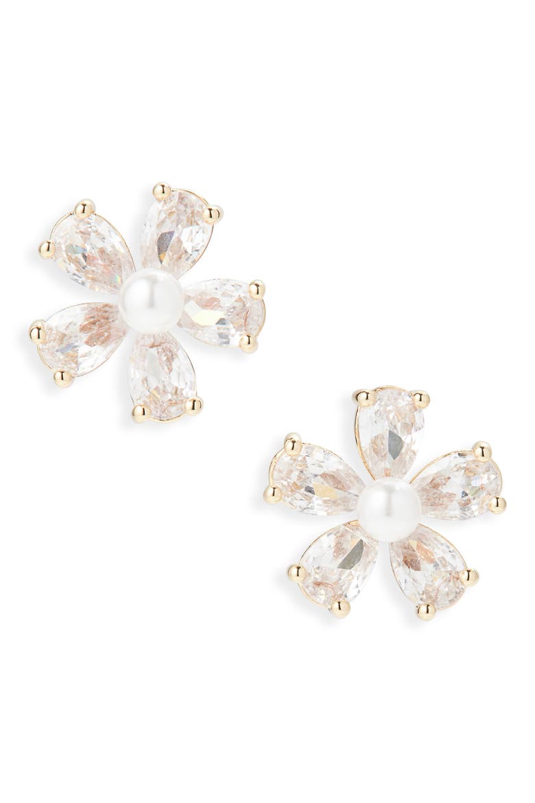Cubic Zirconia & Faux Pearl Flower Button Stud Earrings, Main, color, GOLD