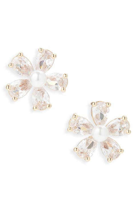 Cubic Zirconia & Faux Pearl Flower Button Stud Earrings