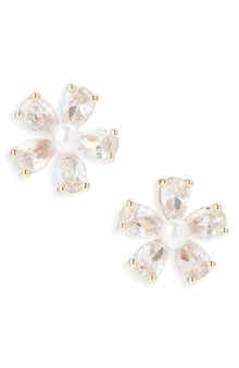 Cara Cubic Zirconia & Faux Pearl Flower Button Stud Earrings