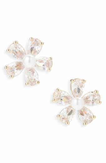 Cara Cubic Zirconia & Faux Pearl Flower Button Stud Earrings