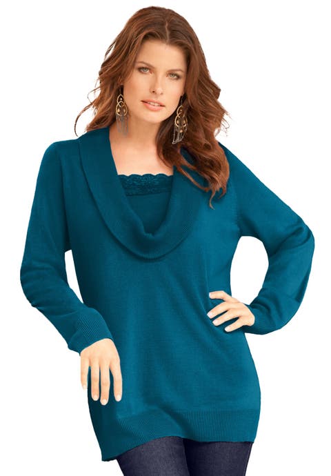 Plus Size Lightweight Cowl Neck Sweater With Lace Trim