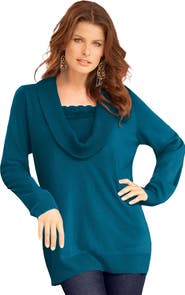 Roaman's Plus Size Lightweight Cowl Neck Sweater With Lace Trim