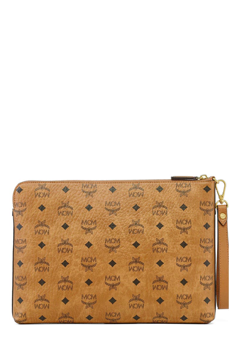 MCM Diamond Wristlet Pouch in Visetos, Alternate, color, Brown