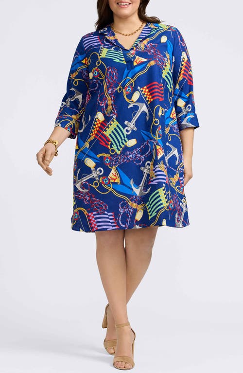 Foxcroft Sloane Nautical Print Linen Blend Shirtdress In Navy Multi