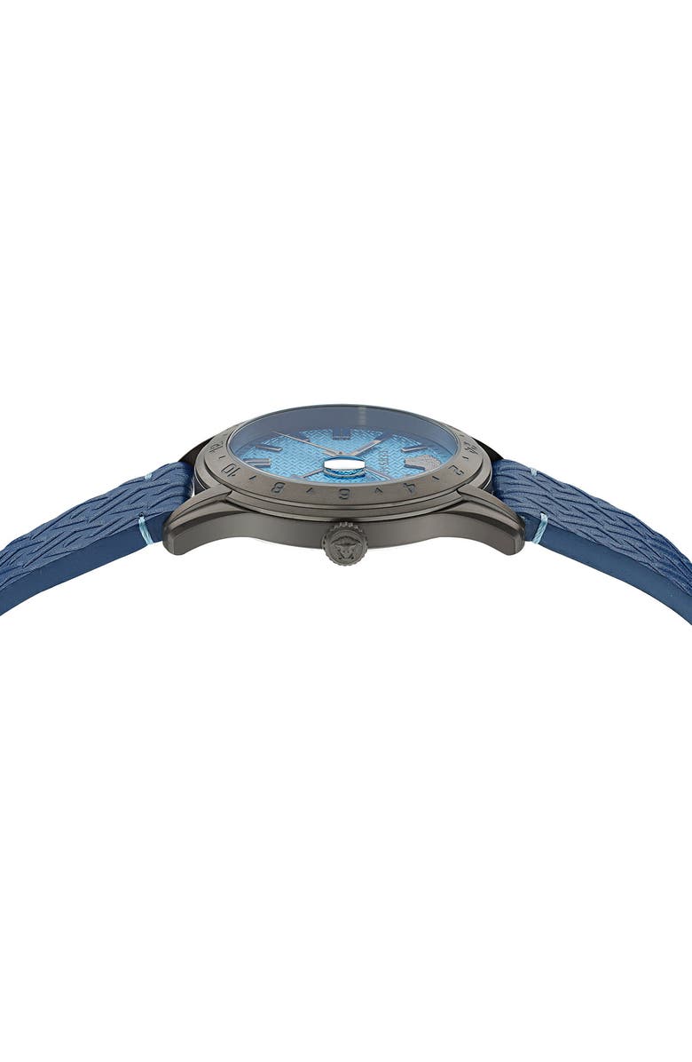Versace Greca Time Leather Strap Watch, 41mm, Alternate, color, Gun/ Blue